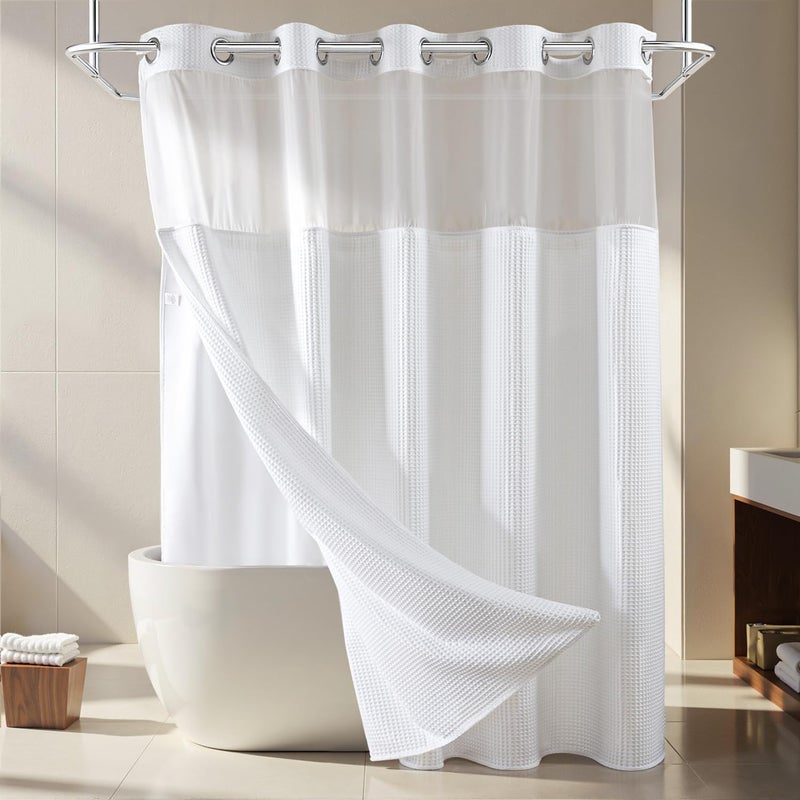 River Dream Extra Long Shower Curtain Set, Cotton Blend, Waffle Weave, with Snap in Replacement Liner, White, 71 x 86 inches - Image 1
